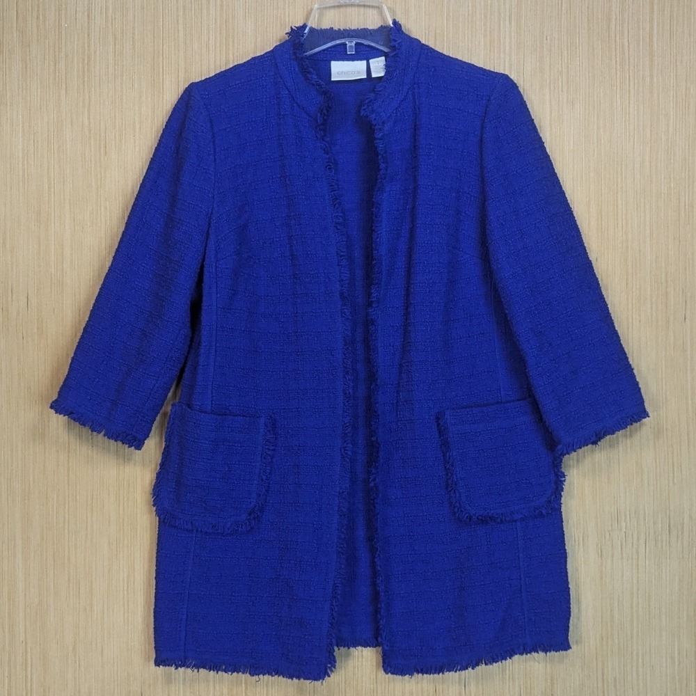Chicos Tweed Jacket Blazer Open Front‎ Fringe Blue Chic Old Money Women's Medium